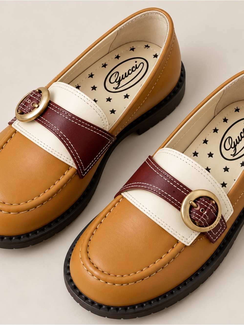 Gucci Tan, Ivory & Burgundy Leather Loafers with Gold Buckle